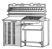 Fig. 24. “Adman” Cabinet has equipment for two
compositors, supply of leads and slugs and assortment of materials such
as brass and copper thin spaces and quads.