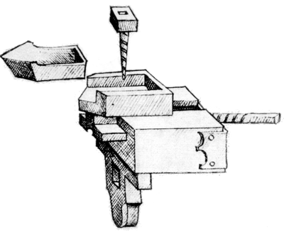 Figure 2.— Cross-slide for the thread-cutting lathe of
Das mittelalterliche Hausbuch, shown in figure 1. It is remarkable not
only for its early date, but also for its high state of development with
a crossfeed screw which had not become universally accepted 300 years
later. The cutter, shown out of its socket, is obviously sharpened for
use on wood.