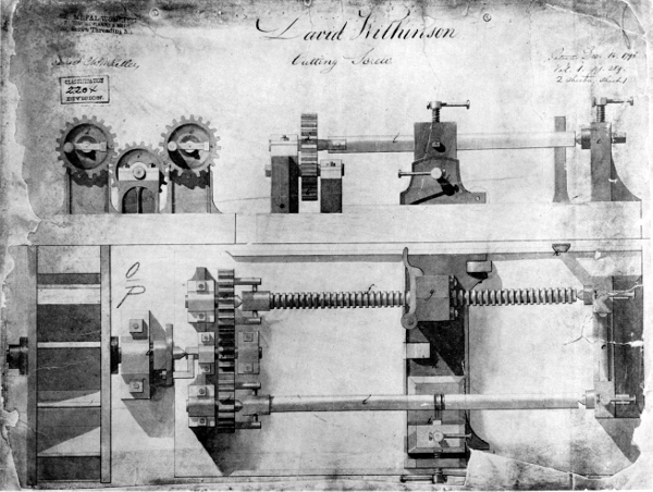 Figure 17.—David Wilkinson’s screw-cutting lathe,
patented in the United States in 1798. Note the ready facility with
which the lead screw may be exchanged for another and the same means of
supporting and driving as in figure 15. (U.S. National Archives photo.)