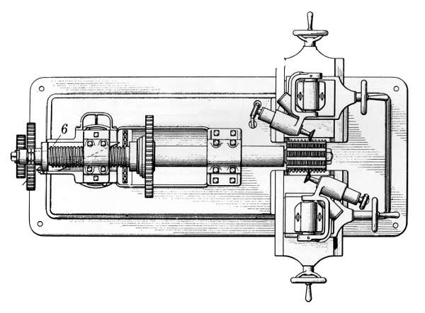Figure 21.—A hob-grinding machine of 1933, showing use
of the master screw with a modifier but without change gears. Carl G.
Olson’s U.S. patent 1901926.