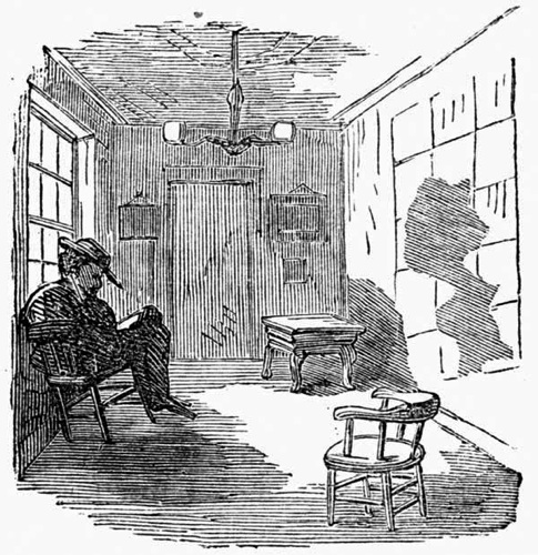 A man sleeping in a chair that is in front of a window. His shadow on the opposite wall is of an odd shape.