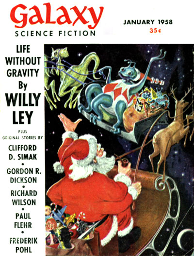 Cover image: Santa crossing paths in the sky with an Alien Santa and waving