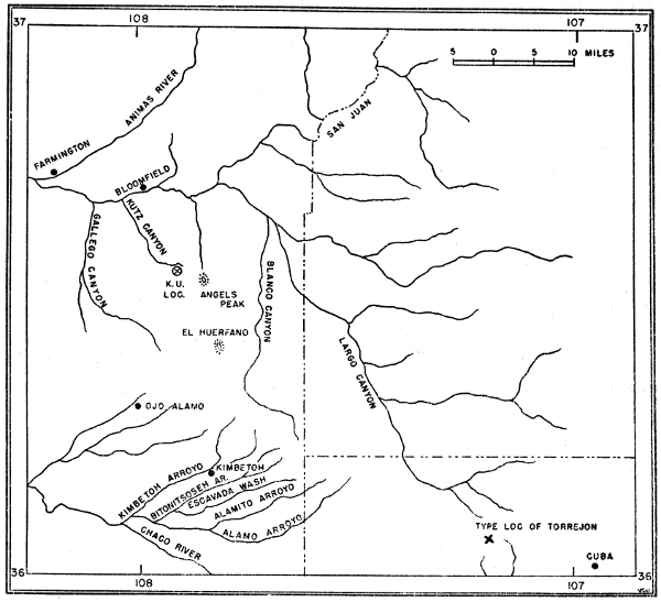 Figure 1. Map of a part of the San Juan Basin, New Mexico, showing
location of University of Kansas fossil locality west of Angels Peak.