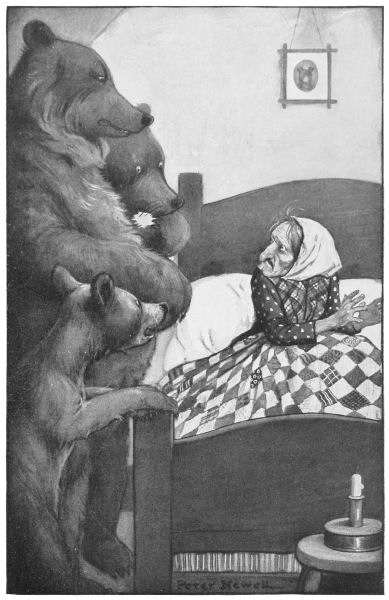 The old woman wakes up to find the bears looking at her