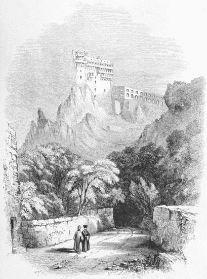 From a Sketch by R. Curzon.

VIEW OF THE MONASTERY AND AQUEDUCT OF SIMOPETRA, ON MOUNT ATHOS, TAKEN
FROM THE SEA SHORE.