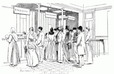 THE MONT-DE-PIT: SCENE IN A BRANCH OFFICE OF THE GREAT MUNICIPAL PAWN-SHOP. After a drawing by Pierre Vidal.