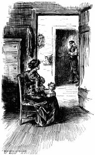 Miss Loring is sitting by an open door, with a book in her lap and two little children by her side. Across the passage in another room Blant is passing by with an infant on his left arm and a skillet in his right.