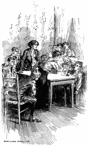 Taulbee holding a fist under Geordie's nose. Nine other boys and Miss Loring are gathered around the table, interested in what Geordie has to say.