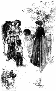 A woman is standing in front of a horse and pushing Keats forward. Keats is covering his face with his left arm, and keeping his right hand in his pocket. Hen, just more than half the Keats' height, is standing closest to Miss Loring, looking on curiously, holding a twig in his right hand. Miss Cecilia Loring is standing by the gate in the fence welcoming the boys in. There's a large tree in the background seemingly outside of the fenced-in area.