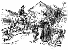 Mr. Atkins is sitting atop a horse looking on as Miss Cecilia Loring is quizzing Iry from a book she's holding open in her right hand. Iry looks very confident with a hat in his left hand and his right hand in his pocket. In the immediate background is a small one-story building. A fence runs from it, against which Miss Loring is leaning. A bare leaf-less tree is just inside the fenced area.