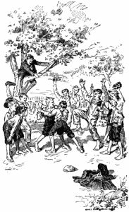 Nucky and Killis fighting, the latter armed with a knife. Ten boys around them are cheering them on, with one of the boys sitting on a tree branch. In the foreground lie some clothes apparently abandoned by Nucky and Killis.