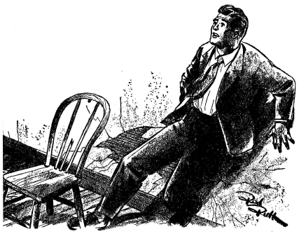 A man in business suit with a tie is leaning with his back to the wall. In front of him is a chair with a broken back. The wall behind him is cracked.