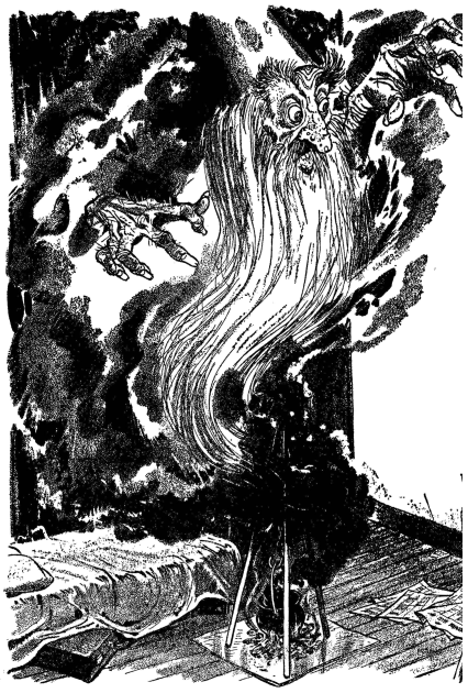A huge long-bearded ugly face and crooked hands appear in black smoke coming out of a cauldron.