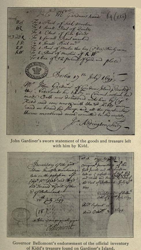 John Gardiner's sworn statement of the goods and treasure left with him by Kidd.