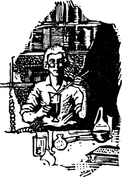 A man holds a beaker of liquid.