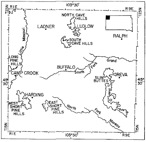 Fig. 1. Map of Harding County, South Dakota, showing
location of places named in text.