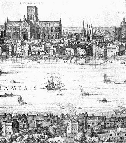 THE GLOBE THEATRE, WITH ST. PAUL'S IN THE BACKGROUND
From Vischer's long view of London, 1616