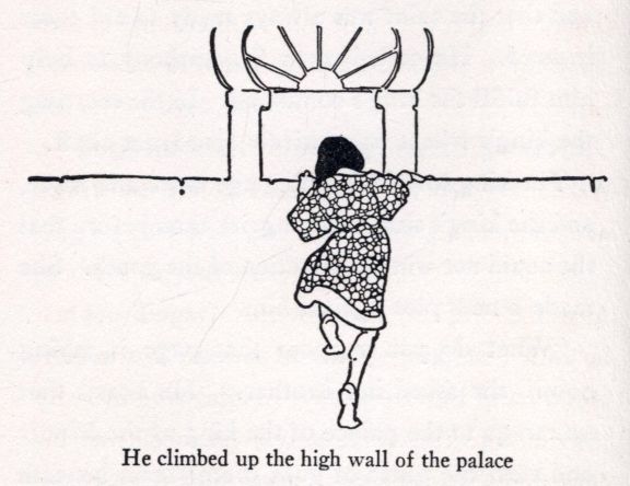 He climbed up the high wall of the palace