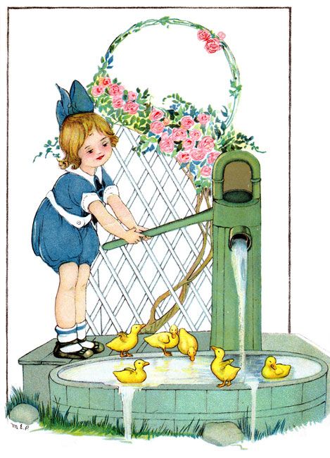 {Girl pumps water into pond for ducklings.}