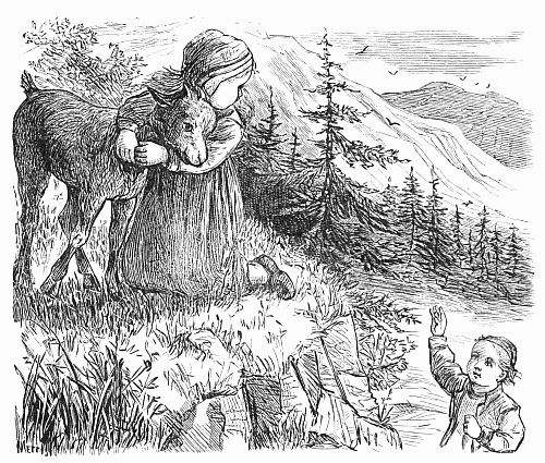 Marit and the little goat on the brow of the hill, Oeyvind calls to them.