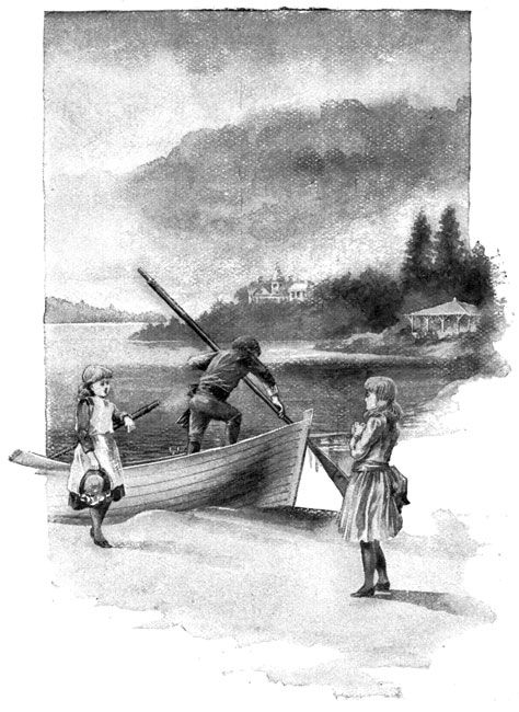 {Drawing of girls near rowboat.}
