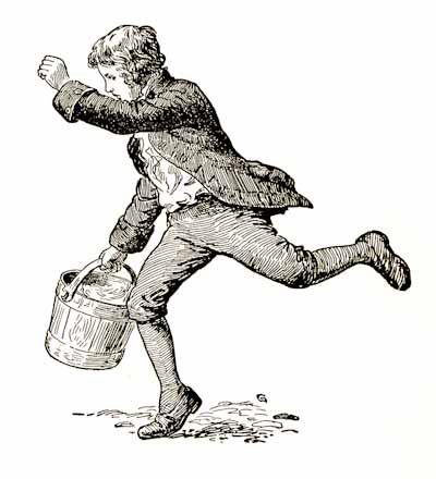 [Illustration: He reëntered the house with a bucket two-thirds full of muddy water.]
