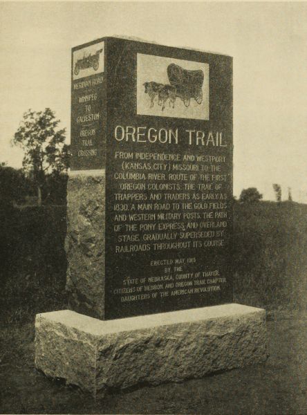 Oregon Trail Monument, two miles north of Hebron

Erected by the citizens of Hebron and Thayer county, and Oregon Trail
Chapter, Daughters of the American Revolution, dedicated May 24, 1915.
Cost $400