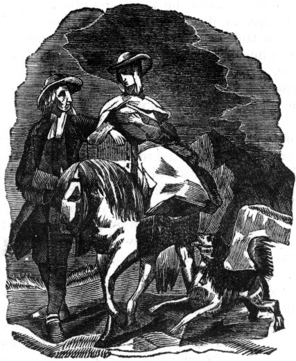 Woman on horseback with man and dog walking.