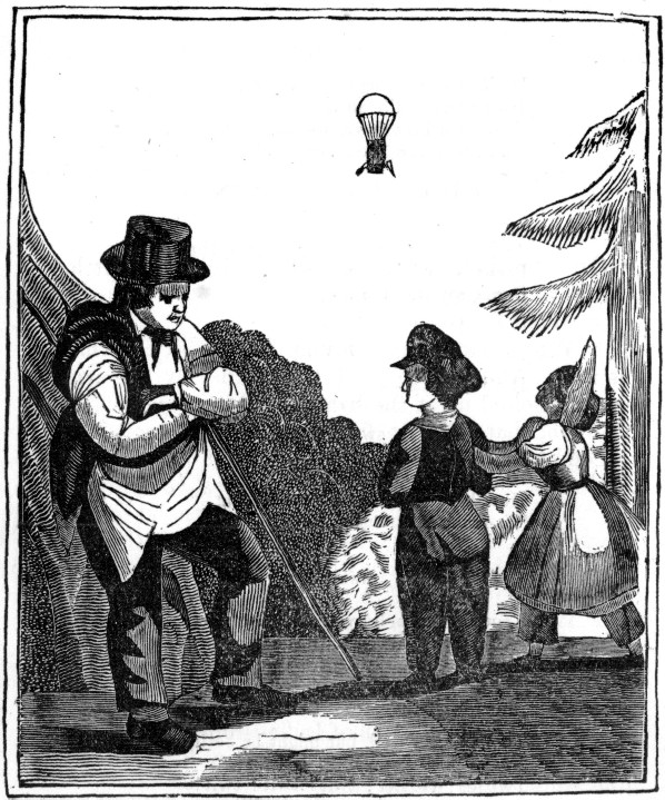 Man and two children watching balloon.