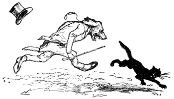 A dog in a suit chasing a cat.