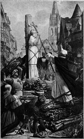Jeanne d' Arc op den brandstapel.--Naar een muurschildering van Lenepveu in het Panthon.