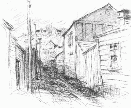At one side is an alley running back to the house of Huckleberry Finn, and
in that alley stood the historic fence which young Sam Clemens cajoled the
other boys into whitewashing for him