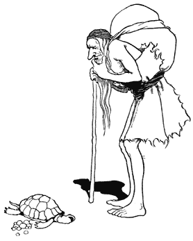 Old man carrying bag with dead Tortoise.