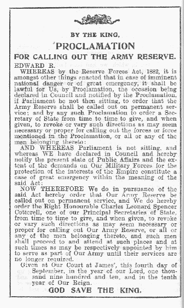 PROCLAMATION
FOR CALLING OUT THE ARMY RESERVE