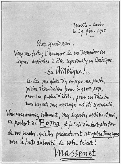 Facsimile of Massenet's Reply to an Invitation to Visit America