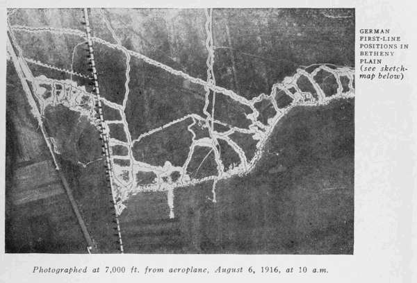 GERMAN
FIRST-LINE
POSITIONS
BTHENY
PLAIN
(see sketch-map
below)
Photographed at 7,000 ft. from aeroplane, August 6, 1916, at 10 a.m.
