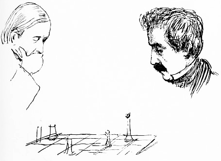 CHARLES HALLÉ AND MANUEL GARCIA PLAYING CHESS.

(Reproduced from an Original Sketch by Richard Doyle.)