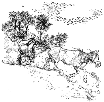 The Horse drags the Lion down a hillside