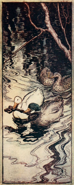 The Ducks, which he had once saved, dived and brought up the key from the depths.