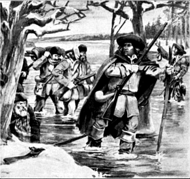 Clark and his men crossing a swollen stream.