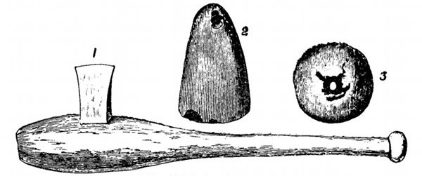 Fig. 80.

Neolithic implements.

1, Stone hatchet mounted in wood. 2, Jade celt, a polished stone
weapon, from Livermore in Suffolk,  size. 3, Spindle whorl, 
size.