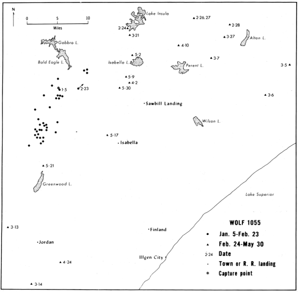Figure 22.—Locations and range of wolf 1055. Only selected lakes are shown.