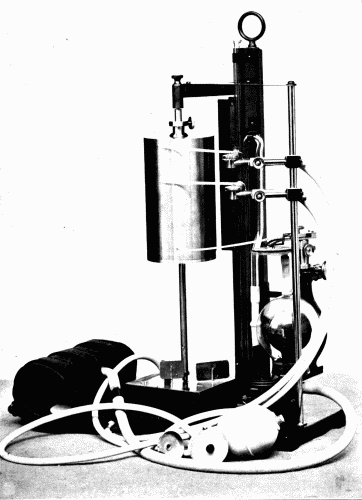Fig. 15.—The Erlanger sphygmomanometer with the Hirschfelder attachments by
means of which simultaneous tracings can be obtained from the brachial, carotid, and
venous pulses.
