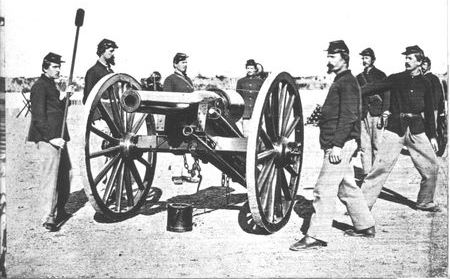 The Parrott Rifle, recognizable by the wrought iron jacket reinforcing its breech,
was one of the first rifled field guns used by the U.S. Army.