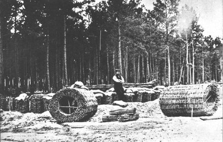 Gabions, open-end baskets filled with earth, proved as effective as masonary in
defensive works. Thousands of these baskets were patiently made by hand for
use in field and seacoast fortifications.