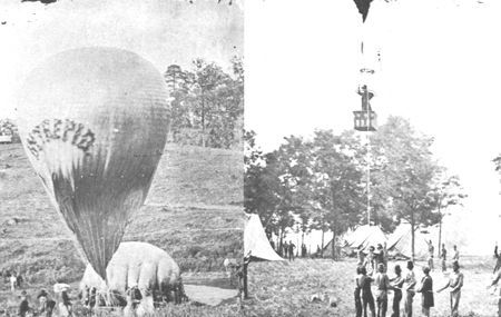 Dodging Confederate shells which whizzed dangerously close to the Intrepid,
Professor Lowe telegraphed information on emplacements directly from his balloon
and made sketches of the approach routes to Richmond.