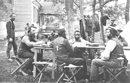 Faulty intelligence furnished by detective Allan Pinkerton (seated in rear) and
his agents misled General George McClellan during the Peninsula Campaign.
The Pinkerton organization was later replaced by a more efficient military intelligence
bureau.