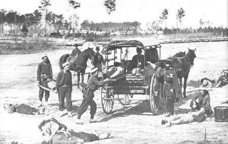The Union ambulance corps provided one ambulance for every 150 men during the
Wilderness Campaign. In one convoy of 813 ambulances, over 7,000 sick and
wounded were transported to the hospital in Fredericksburg.