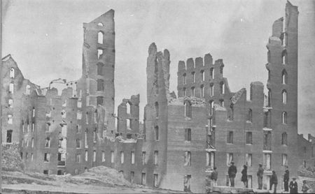 Richmond 1865—Gaunt remains cast their shadow over the former Confederate
capital. The rampaging fire, started during the evacuation, leveled the waterfront
and the business district.
