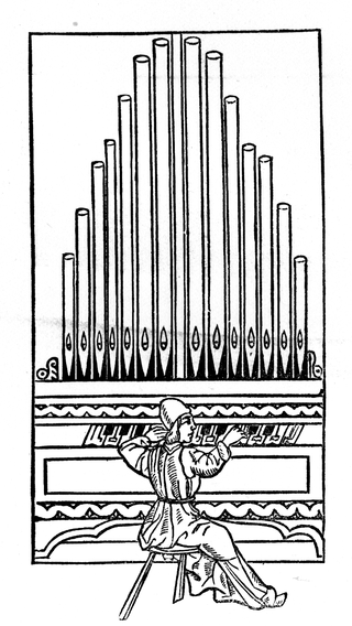 A CURIOUS ENGRAVING SHOWING AN ORGANIST PERFORMING
UPON AN INSTRUMENT WITH BROAD KEYS. FROM FRANCHINUS
GAFFURIUS' THEORICA MUSICA. 1492.